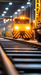 Train on tracks in a dimly lit industrial setting with vibrant lights.