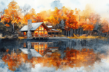 Fototapeta premium serene lakeside lodge surrounded by vibrant autumn foliage reflects beautifully in calm waters, creating peaceful and picturesque scene