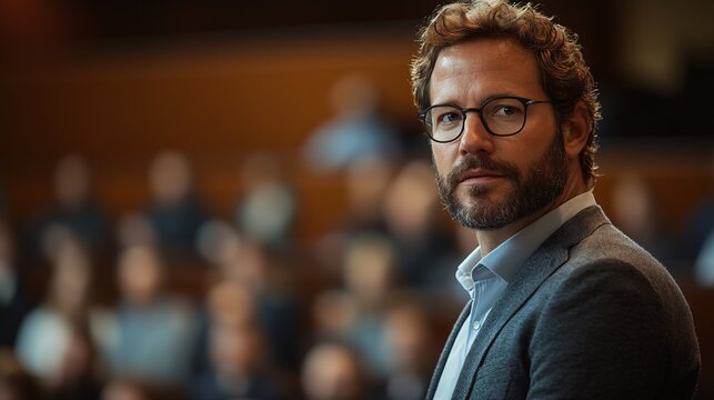 Inspiring AI Researcher Unveiling Findings at Conference with Engaged Audience and Innovative Backdrop