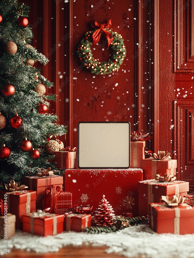 Poster 3d render featuring a holiday-themed setup with a blank screen smartphone laptop and tablet arranged
