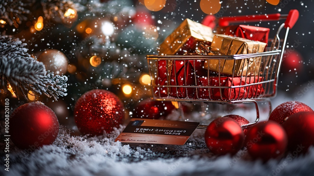 Poster shopping cart filled with gift boxes and a credit card placed beside a decorated christmas tree snow