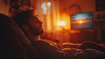 Serene Evening at Home: Person Watching TV in Comfy Recliner Chair with Cozy Atmosphere