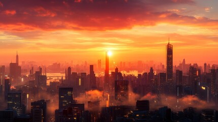Fototapeta premium Cityscape Skyline Sunset with Fog and Clouds