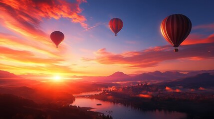 Obraz premium Hot Air Balloons Over Sunset Lake and Mountains