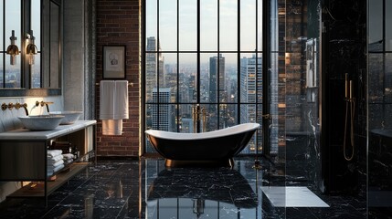 A chic urban loft bathroom, featuring black marble floors, industrial fixtures, and large windows framing views of the skyline