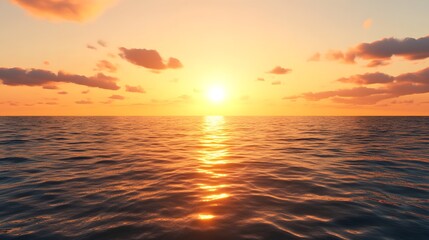 Fototapeta premium A serene sunset over the ocean, with vibrant orange hues reflecting on the water and soft clouds scattered across the sky.