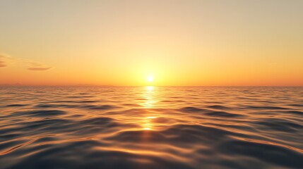 Obraz premium A serene sunset over the ocean, with gentle waves reflecting warm hues of orange and yellow, creating a tranquil and picturesque scene.
