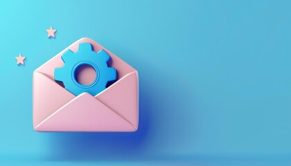 Creative illustration of an envelope with a gear symbol, symbolizing email management, on a blue background.
