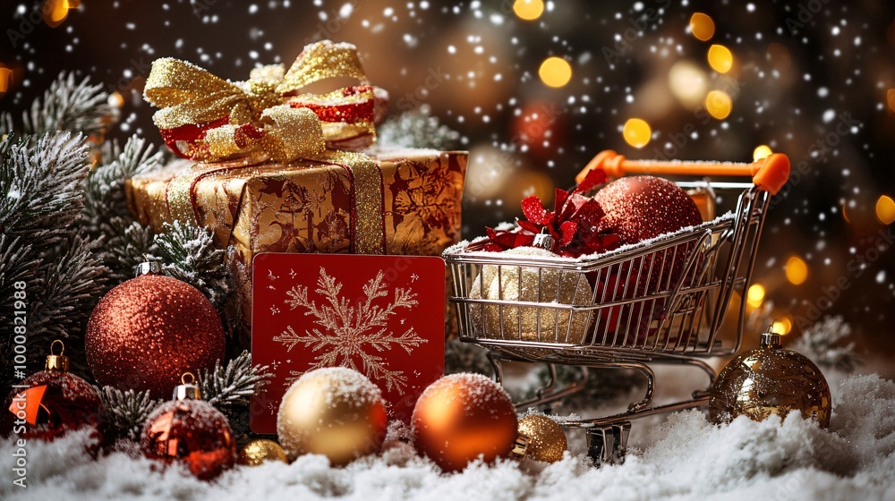 Aufkleber credit card standing upright next to a shopping cart with a large wrapped gift snow-covered ground c