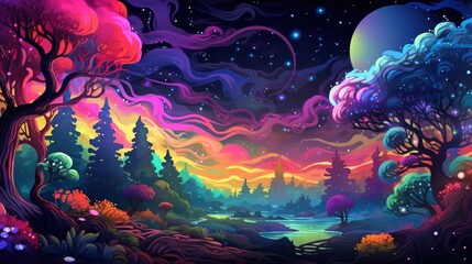A Dreamlike Forest with Swirling Clouds and a Glowing Moon