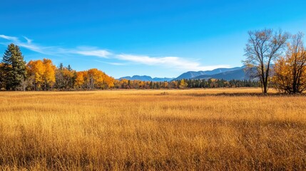 Fototapeta premium An expansive autumn meadow with golden grasses and trees turning orange and yellow, with mountains and a bright blue sky in the distance.