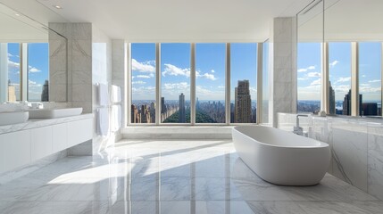 A contemporary New York penthouse bathroom, with marble floors, sleek white fixtures, and large windows framing views of the skyline