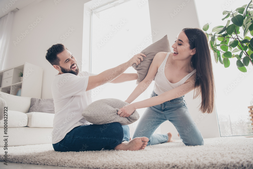 Poster Photo of adorable sweet couple wear casual shirts smiling having fun together together indoors room home house