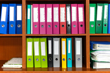 Many colorful folders with documents on the shelves of the cabinet in the office.