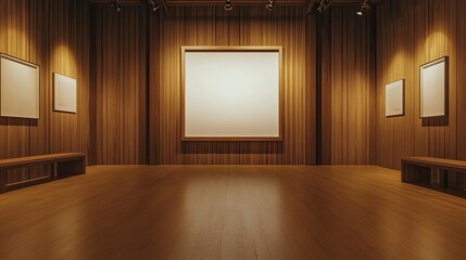 A blank wooden frame set in an art gallery, with bright lights illuminating the smooth wooden texture.