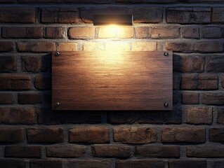 A blank wooden plaque on a brick wall, illuminated by soft, warm light, ready for engraving or signage.