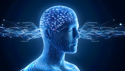 Visually represent the flow of data or light in the form of a human, Add digital patterns or flows around the head to make it look like the AI ​​is understanding human thoughts.