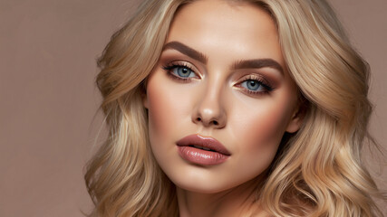 Fototapeta premium Beautiful woman in a golden gown, exuding a sense of elegance and charm, perfectly poised against a soft backdrop.