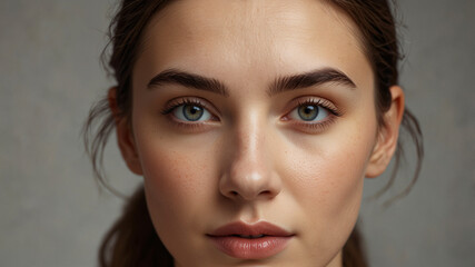 Obraz premium A close-up image highlighting the facial features and natural beauty of a young woman with clear skin and sharp gaze.