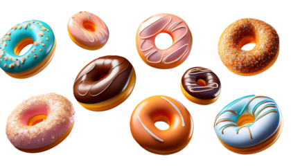 Collection of donut 3d icon cartoon style floating on transparency background 