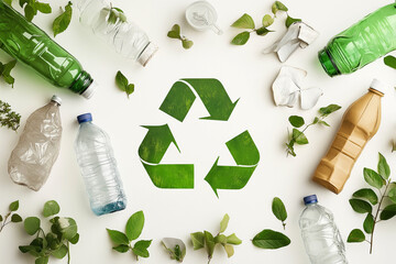 An illustration depicting environmental preservation and recycling, featuring a collage of various objects set against a white background