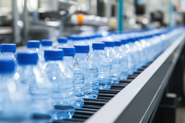 Fototapeta premium Plastic bottles traveling along a conveyor belt in a factory setting 