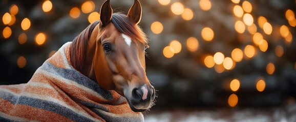 Enchanting horse portrait with festive bokeh lights and cozy striped blanket