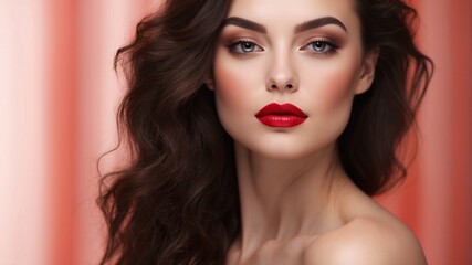 Fototapeta premium A glamorous portrait of a woman with striking red lips and curly hair, set against a vibrant background emphasizing allure.