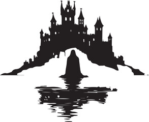 Naklejka premium Silhouette of a ghost floating in front of a spooky castle