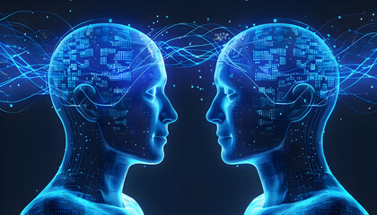 Obraz premium Visually represent the flow of data or light in the form of a human, Add digital patterns or flows around the head to make it look like the AI ​​is understanding human thoughts.