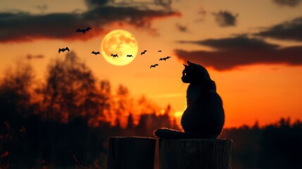 Black Cat Silhouette at Sunset with Bats Flying Around a Full Moon