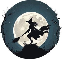 Silhouette of a witch flying on a broomstick with the moon in the background