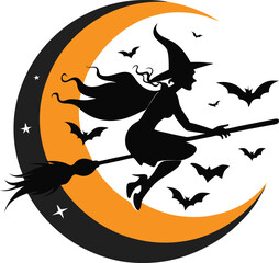 Silhouette of a witch flying on a broomstick with the moon in the background