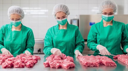 Meat Processing Factory Workers in Green Scrubs and Gloves