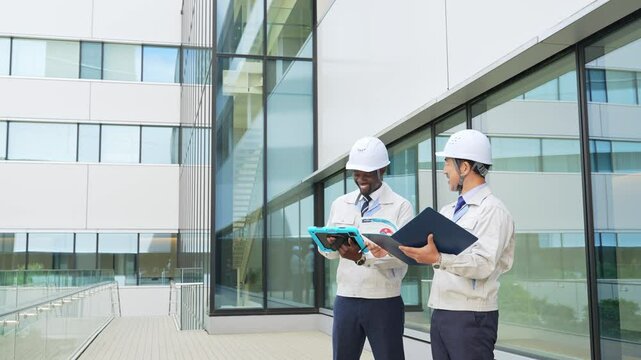 建物を点検する多国籍エンジニアのグループ