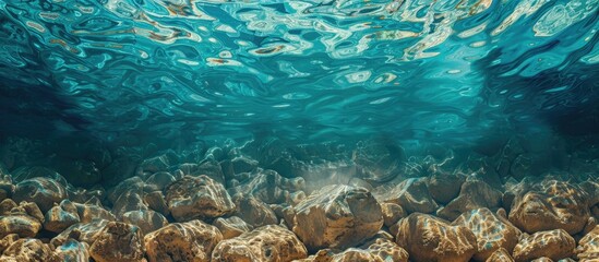 Fototapeta premium Abstract Sea Background View On Ripple Surface Of Water Stone Bottom Underwater