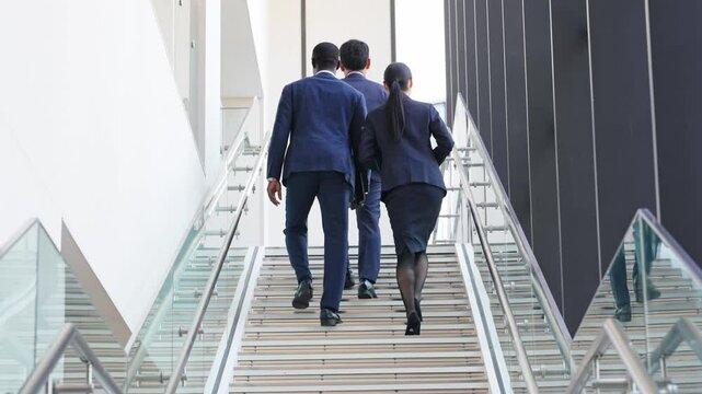 階段を上がる多国籍ビジネスパーソンのグループ