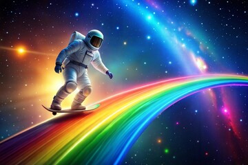 Fototapeta premium Astronaut surfing on a rainbow through a colorful galaxy