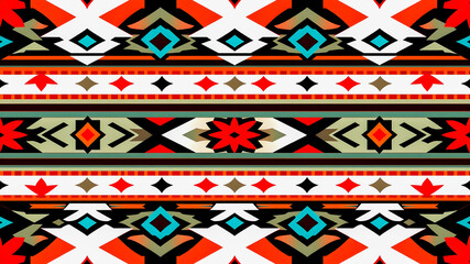 Colorful geometric tribal pattern with traditional Native American motifs, featuring bold shapes and vibrant colors.