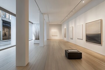 Fototapeta premium A contemporary art gallery with sleek wooden floors, minimalist white walls, and modern art pieces perfectly lit by soft overhead lighting.