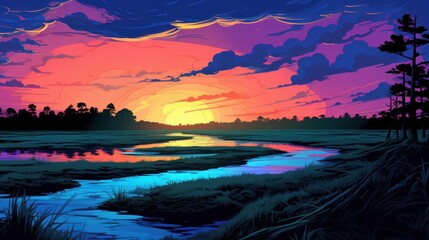 A Serene Sunset Over a Still River and Silhouetted Trees