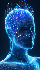 Obraz premium Visually represent the flow of data or light in the form of a human, Add digital patterns or flows around the head to make it look like the AI ​​is understanding human thoughts.