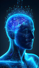 Visually represent the flow of data or light in the form of a human, Add digital patterns or flows around the head to make it look like the AI ​​is understanding human thoughts.