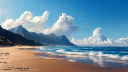Fototapeta premium Serene Beach with Mountain View and Birds in Flight