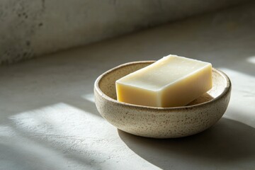 Handmade soap resting in a simple ceramic dish on a soft-lit surface