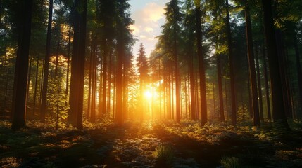 Obraz premium Golden Sunlight Filtering Through Forest Trees at Sunset