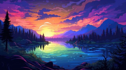 A Colorful Sunset Over a Mountain Lake and Forest