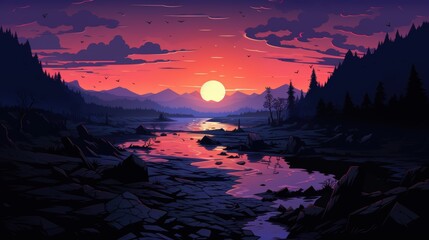 A Silhouetted Forest at Sunset with a River in the Foreground