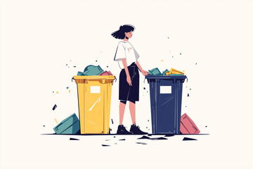 A minimalistic illustration focused on environmental preservation and recycling, featuring a person standing in front of recycling bins