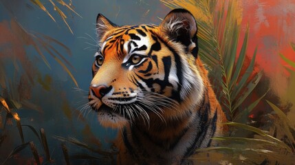 Naklejka premium Majestic Tiger Portrait in Lush Jungle